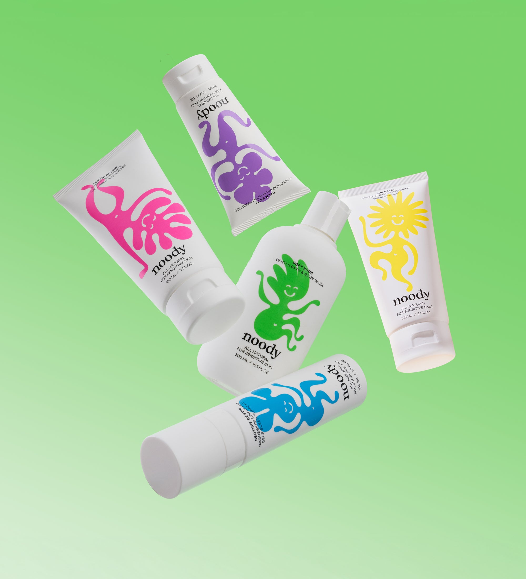 Noody Complete Bundle — five kids' skincare products: Soft Suds, Lotion Potion, Calm Balm, Bedtime Bestie and Sun Balm. The full Noody routine.