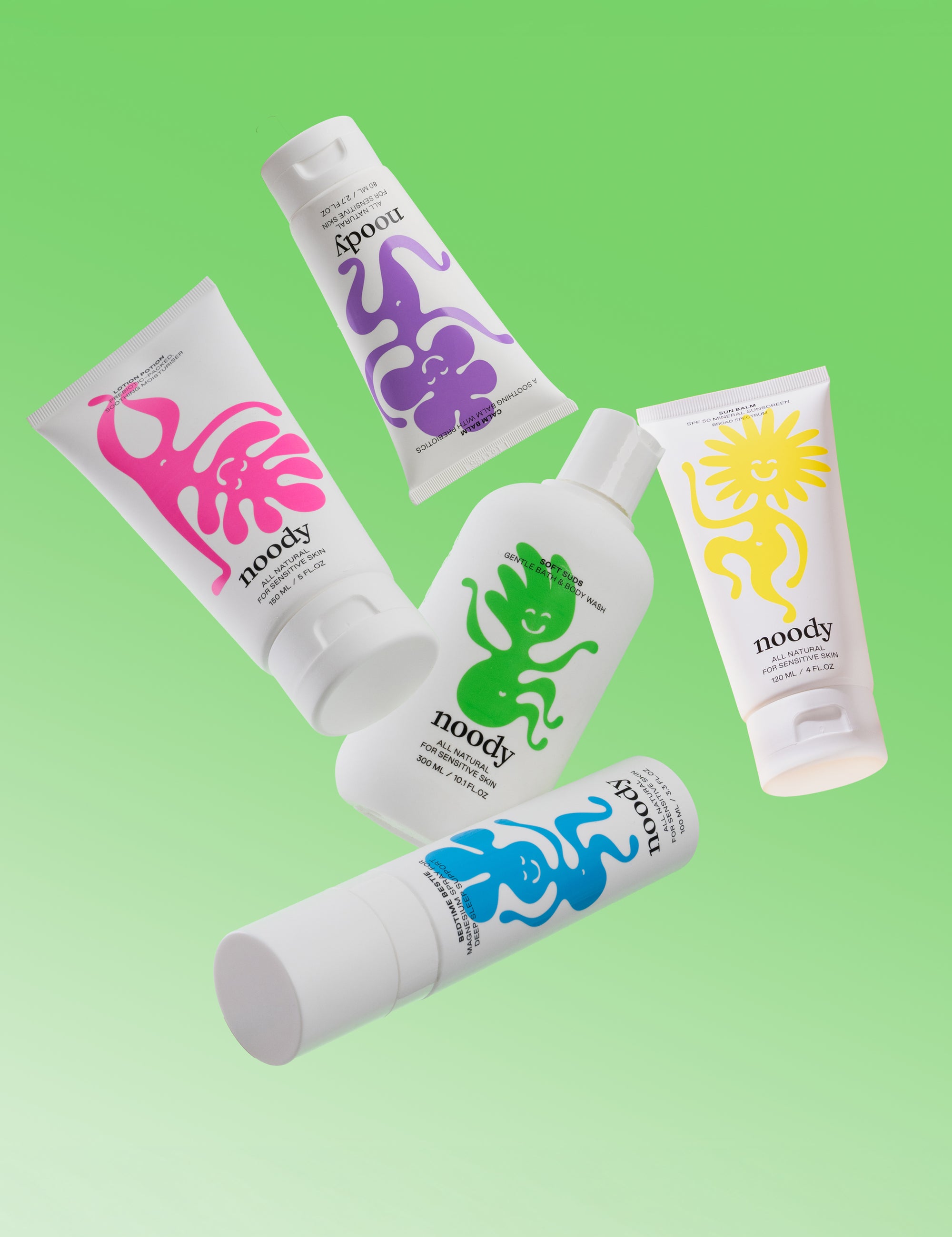Noody Complete Bundle — five kids' skincare products: Soft Suds, Lotion Potion, Calm Balm, Bedtime Bestie and Sun Balm. The full Noody routine.