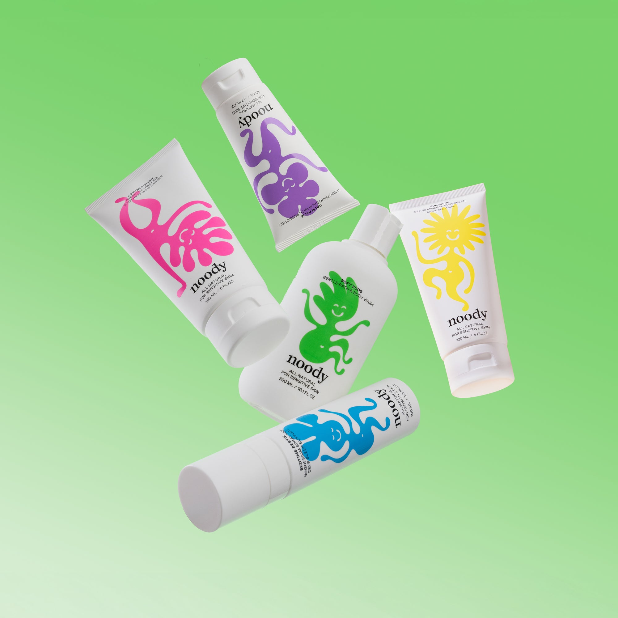 Noody Complete Bundle — five kids' skincare products: Soft Suds, Lotion Potion, Calm Balm, Bedtime Bestie and Sun Balm. The full Noody routine.