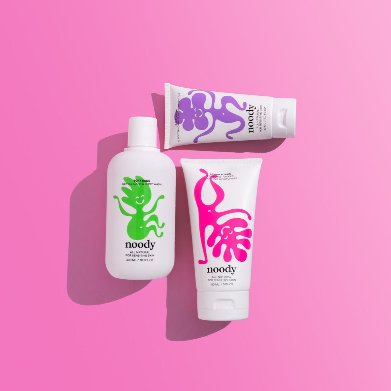Noody Skin Support Bundle — three products for dry, eczema-prone skin: Soft Suds bath wash, Lotion Potion moisturiser and patch-tested Calm Balm.